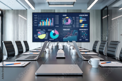 Modern conference room with laptops, coffee cups, table, chairs, tv, and business statistics.