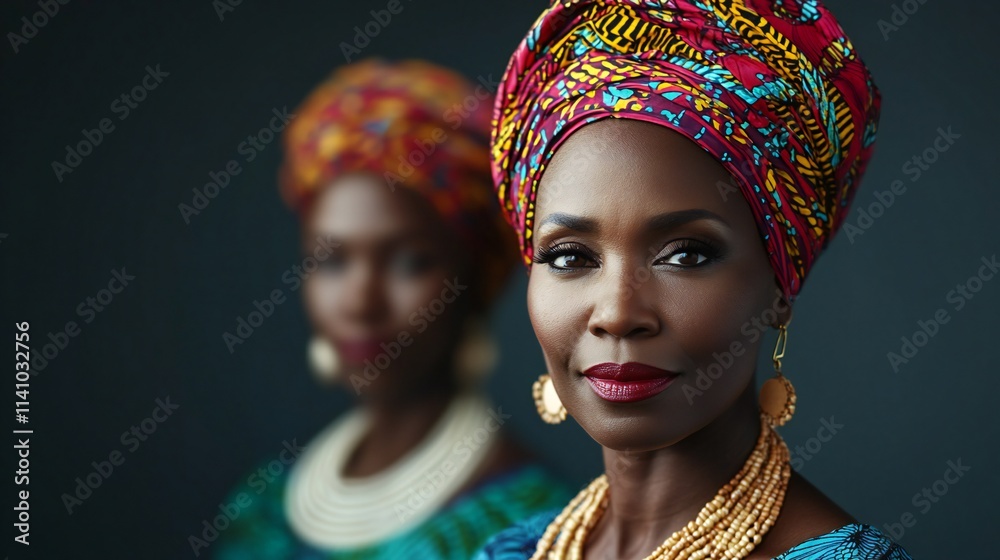 Obraz premium Black History Month African Woman Portrait Traditional Headscarf and Jewelry