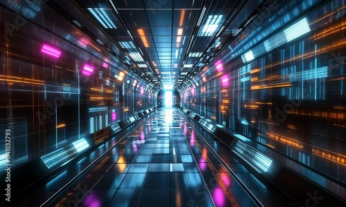 Wallpaper Mural Futuristic hallway with vibrant lights and digital patterns. Torontodigital.ca