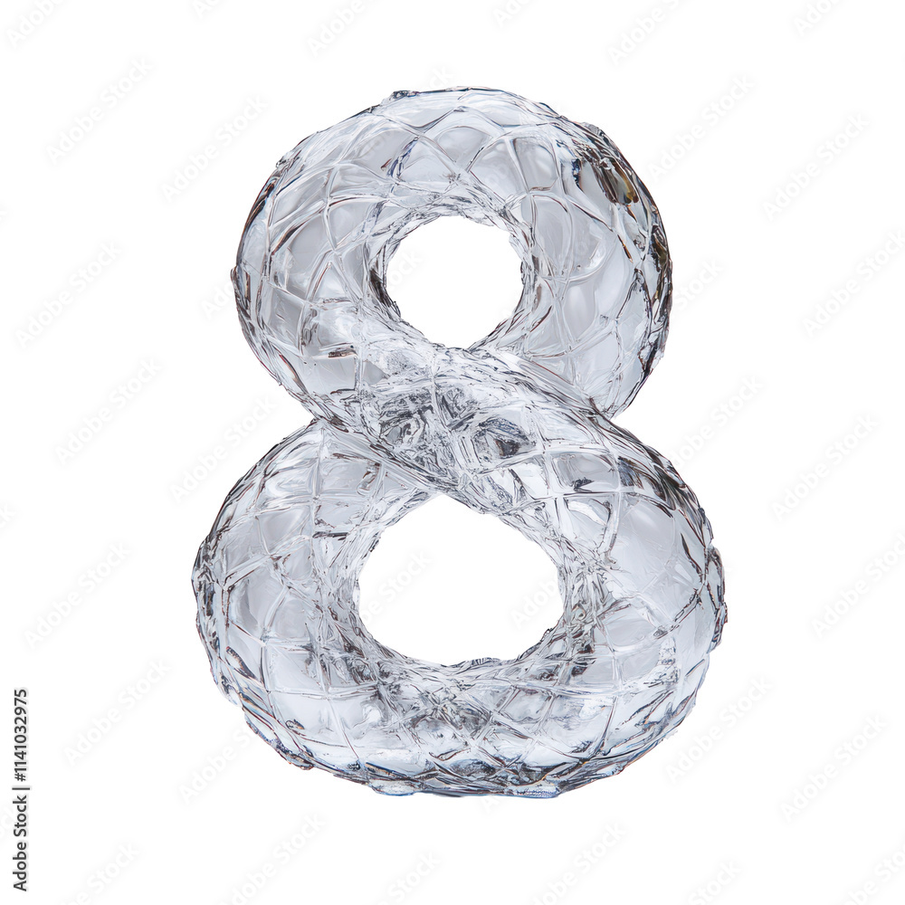 A 3D rendered image of the number eight formed from clear, translucent, and slightly frosted glass with a patterned texture. A 3D rendered image of the number eight formed from clear, translucent, and slightly frosted glass with a patterned texture.
