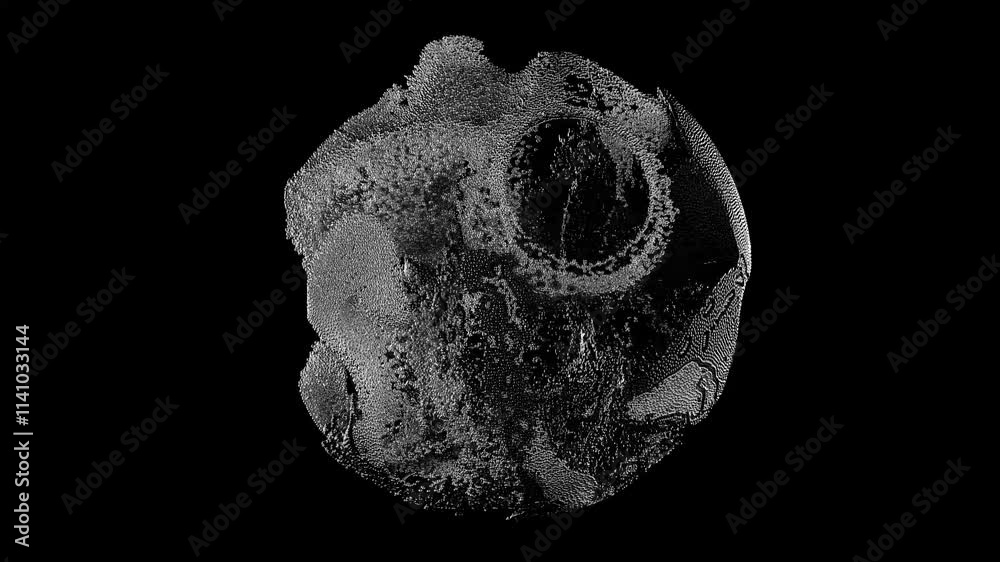 3d rendering of abstract art of surreal monochrome black and white video animation of surreal sphere ball structure based on small ball molecule particles in silver and aluminum mix metal material