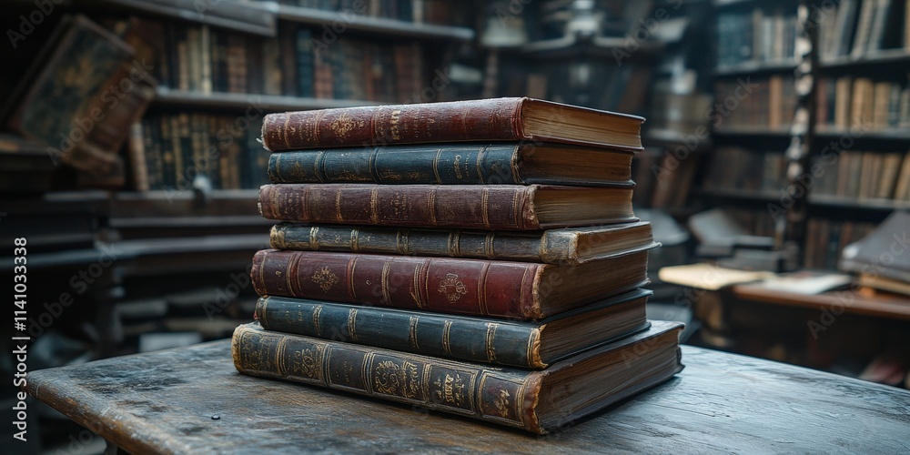 Stack of Books on Wooden Table in Cozy Library Setting Stack of Books on Wooden Table in Cozy Library Setting
