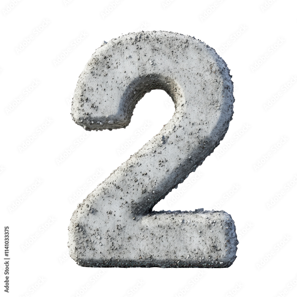 A 3D rendered number 2 made of concrete. The number is isolated on a white background and has a rough, textured surface. A 3D rendered number 2 made of concrete. The number is isolated on a white background and has a rough, textured surface.