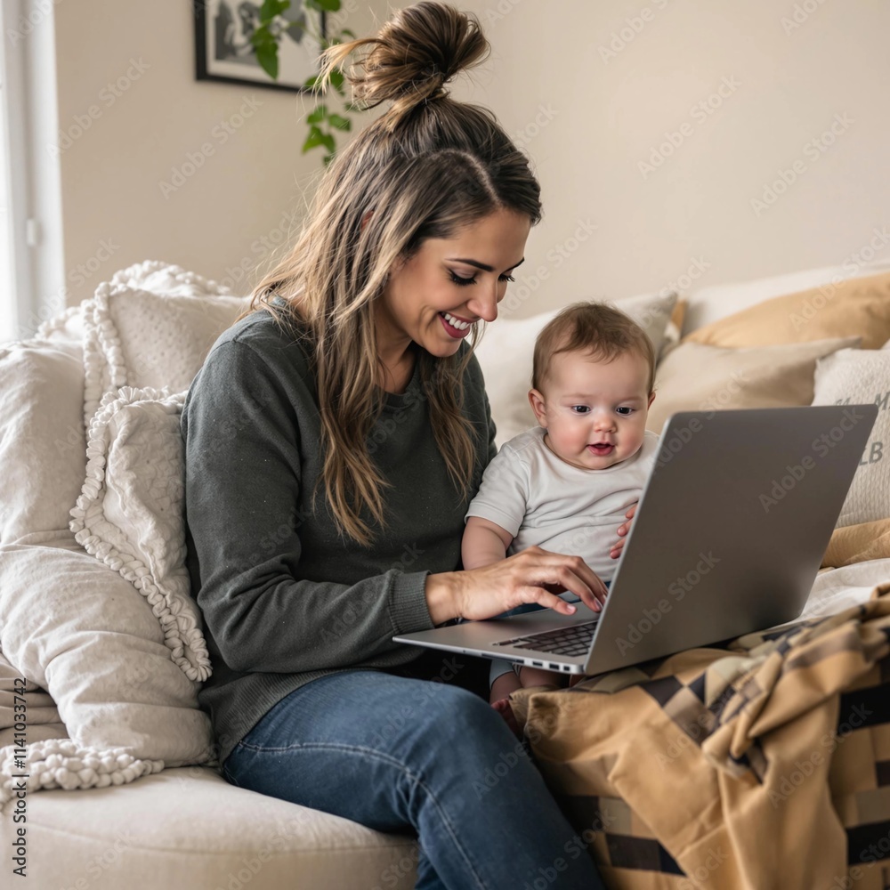 Working from home with joy, a mother engages with her baby while balancing tasks on her laptop during a cozy afternoon. Generative AI Working from home with joy, a mother engages with her baby while balancing tasks on her laptop during a cozy afternoon. Generative AI
