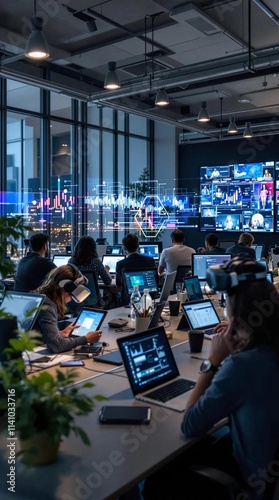 Collaboration and innovation thrive in a bustling modern workspace during a late evening business meeting. Generative AI