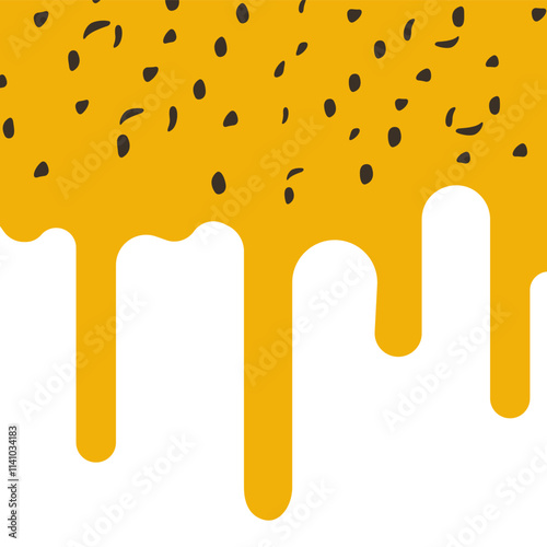Artistic vector scene of melted cheese with topping draping over a cake, framed by a vividly detailed decorative background.
