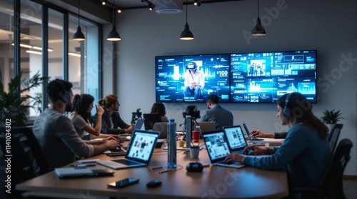 Modern team collaborates in a high-tech office with virtual reality and advanced screens showcasing data and analysis. Generative AI