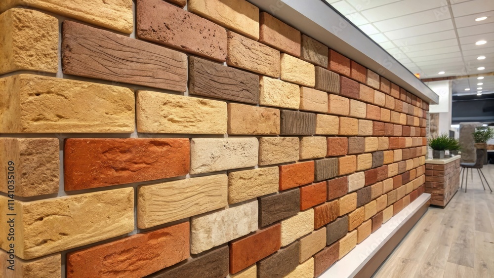 Multicolored brick wall adding a touch of rustic charm to a contemporary interior, showcasing diverse textures and colors in a harmonious design Multicolored brick wall adding a touch of rustic charm to a contemporary interior, showcasing diverse textures and colors in a harmonious design
