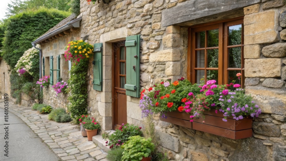 Obraz premium Traditional stone houses adorned with vibrant flower boxes and hanging baskets create a charming scene in a picturesque french village, highlighting rural architecture and gardening