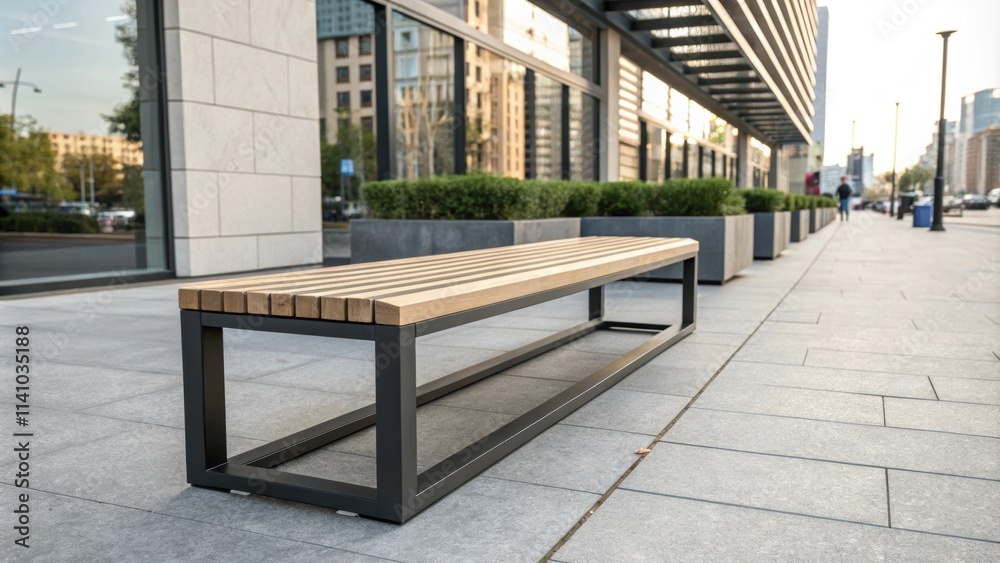 Sleek wooden bench with a dark metal frame offers a place to relax outside a modern office building, enhancing the urban landscape with its stylish design Sleek wooden bench with a dark metal frame offers a place to relax outside a modern office building, enhancing the urban landscape with its stylish design