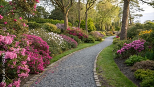 Picturesque gravel path meanders through a vibrant garden, bordered by colorful rhododendrons and azaleas in full bloom, creating a serene and inviting scene during springtime