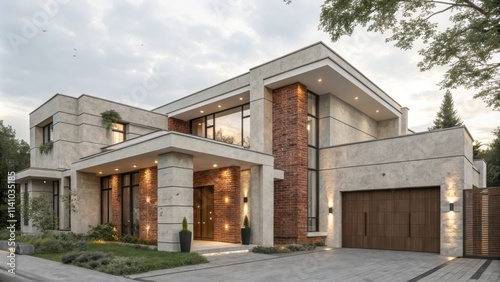 Contemporary house featuring a mix of brick and concrete. Illuminated outdoor lights. A paved driveway. And landscaped garden showcasing modern architectural design in a suburban setting during dusk