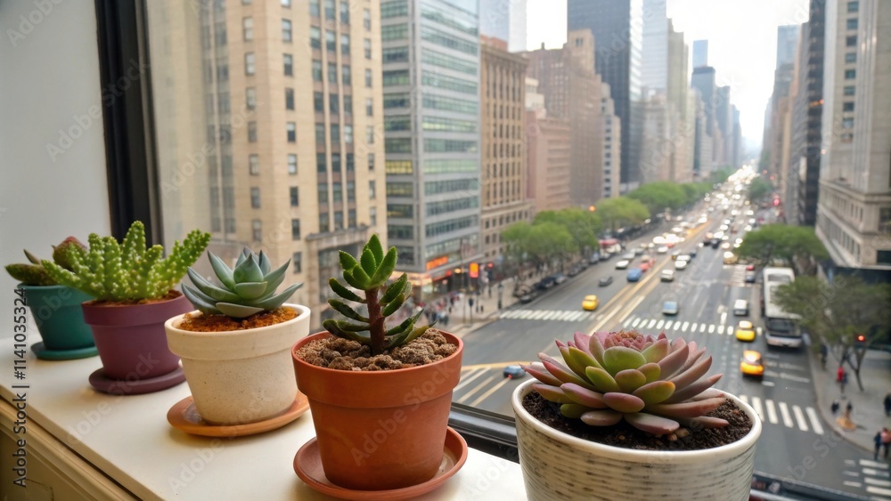 Fototapeta premium Four small terracotta pots with colorful succulents sit on a windowsill overlooking , offering a glimpse of urban life and greenery