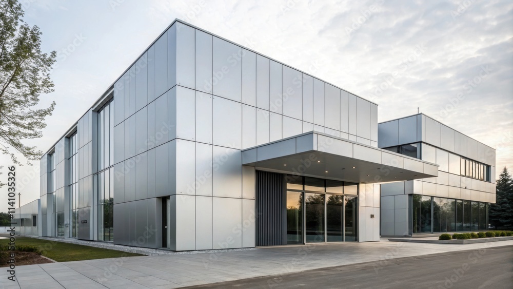 Modern office building showcasing a sleek aluminum facade, large glass windows, and a contemporary entrance, representing progress and innovation in architectural design Modern office building showcasing a sleek aluminum facade, large glass windows, and a contemporary entrance, representing progress and innovation in architectural design