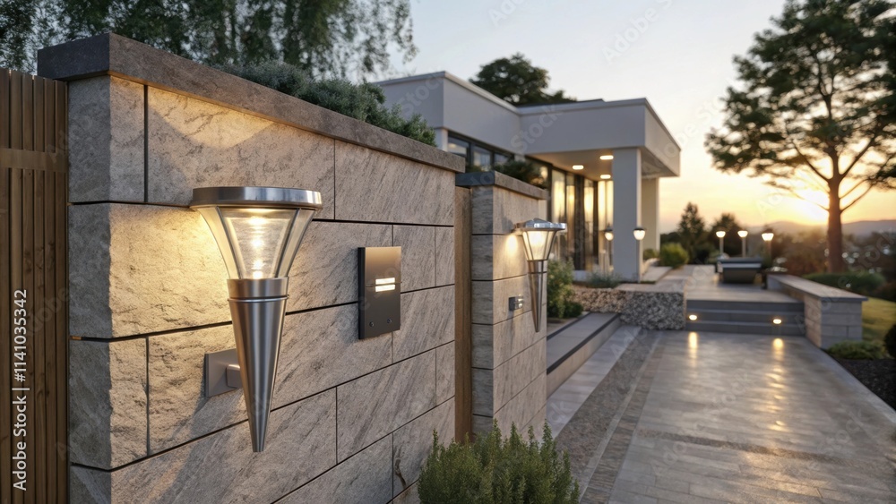 Fototapeta premium Warm light emanating from modern outdoor lamps attached to a textured stone wall enhances the ambiance of a contemporary home's exterior at sunset, creating a welcoming and stylish atmosphere