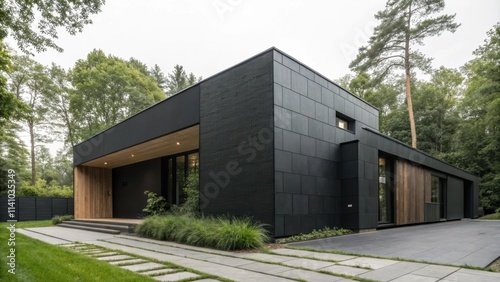 Wallpaper Mural Black, square shaped modern house stands in a green forest, showcasing contemporary architecture and blending with nature, with a paved driveway and lush lawn Torontodigital.ca