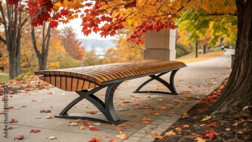 Fallen autumn maple leaves surround a modern bench under a maple tree showing its colorful fall foliage, creating a serene and picturesque park scene photo