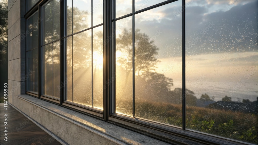 Fototapeta premium Sunlight is streaming through a large, modern window with raindrops clinging to the glass, revealing a breathtaking view of a sunrise over a tranquil landscape