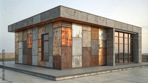 Contemporary architectural design combining rusty metal panels and concrete, creating a visually striking and unique exterior that emphasizes modern industrial aesthetics and texture