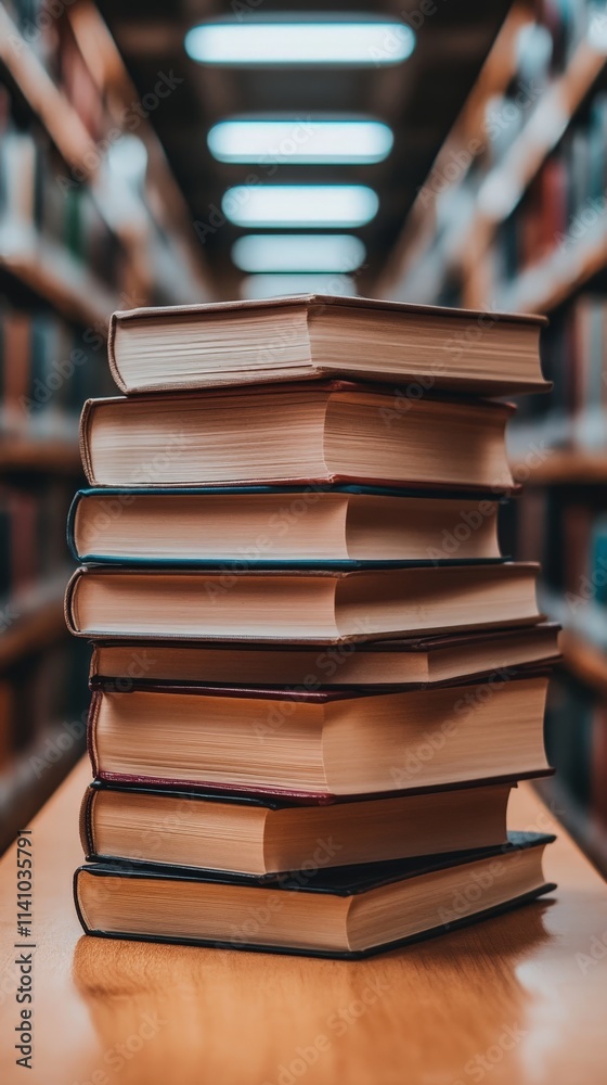 Stack of Books on Wooden Table in Cozy Library Setting Stack of Books on Wooden Table in Cozy Library Setting