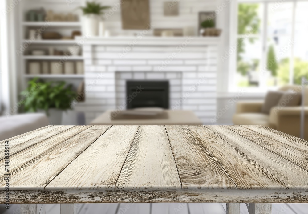 Empty wooden table in front of a cozy living room with fireplace. Empty wooden table in front of a cozy living room with fireplace.