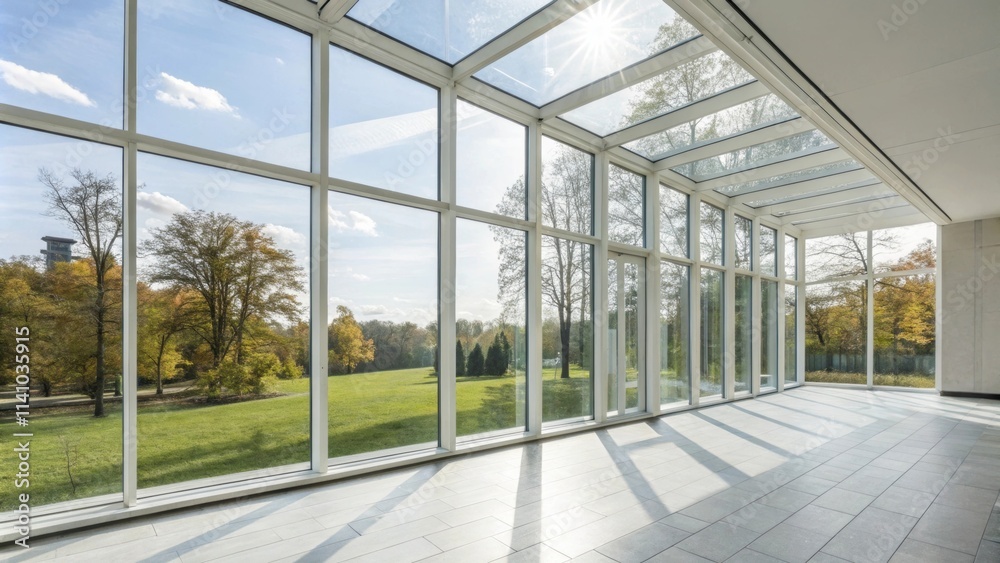 Sunlight is streaming through the glass roof and large windows of a modern architecture corridor overlooking a green park with autumn trees and creating shadows on the tiled floor Sunlight is streaming through the glass roof and large windows of a modern architecture corridor overlooking a green park with autumn trees and creating shadows on the tiled floor
