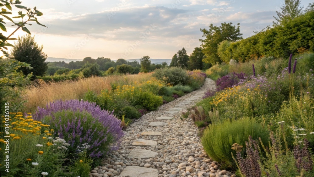 Stone slabs create a picturesque path meandering through a vibrant garden filled with colorful flowers, ornamental grasses, and lush greenery, bathed in the warm glow of the setting sun Stone slabs create a picturesque path meandering through a vibrant garden filled with colorful flowers, ornamental grasses, and lush greenery, bathed in the warm glow of the setting sun