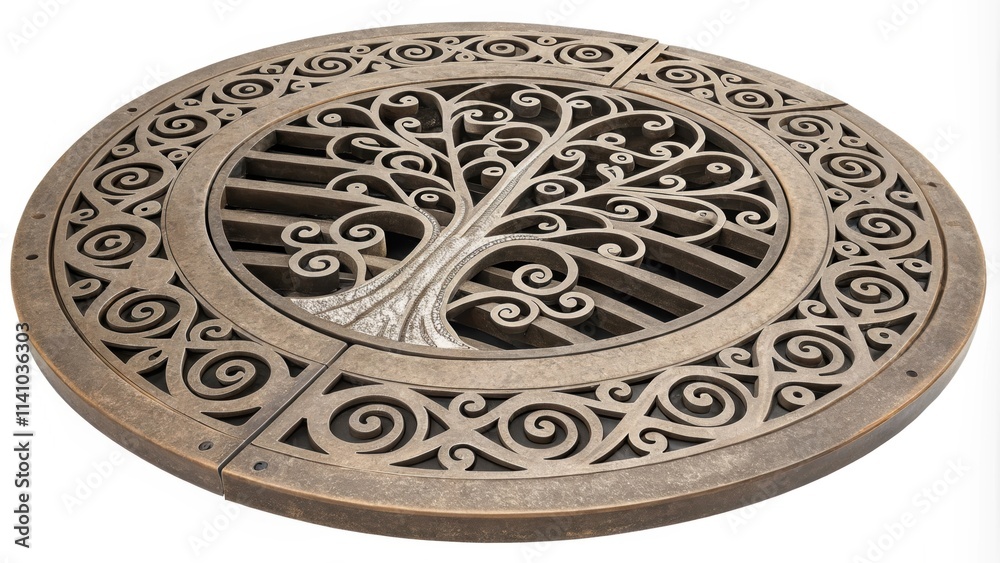 Fototapeta premium Round metal tree grate with a prominent tree design in the center, surrounded by intricate scrollwork and decorative elements, creating a visually appealing and functional piece for outdoor spaces