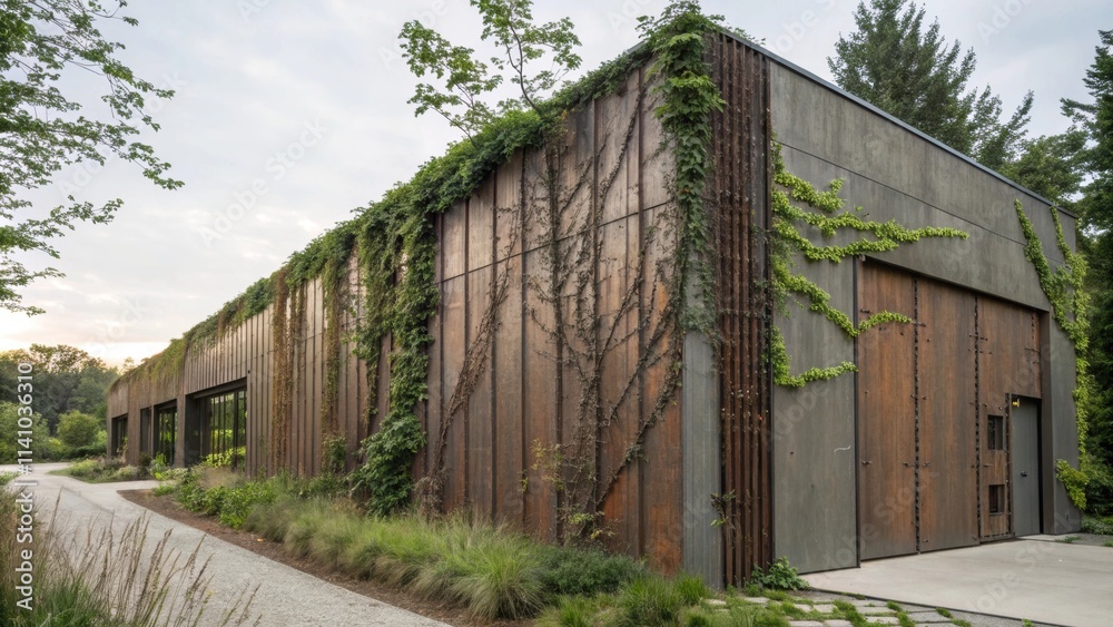 Lush greenery climbs the walls of a modern, eco friendly building, creating a harmonious blend of nature and architecture alongside a gravel path Lush greenery climbs the walls of a modern, eco friendly building, creating a harmonious blend of nature and architecture alongside a gravel path