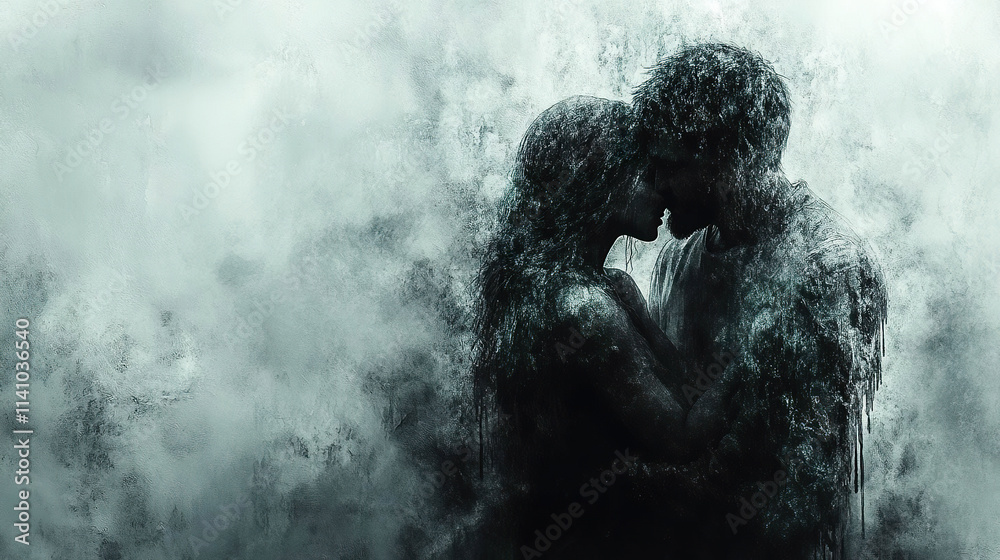 Artistic illustration of a couple embracing in an abstract environment filled with textures, gray tones, and soft shadows, representing love and emotional connection. Generated with AI Artistic illustration of a couple embracing in an abstract environment filled with textures, gray tones, and soft shadows, representing love and emotional connection. Generated with AI