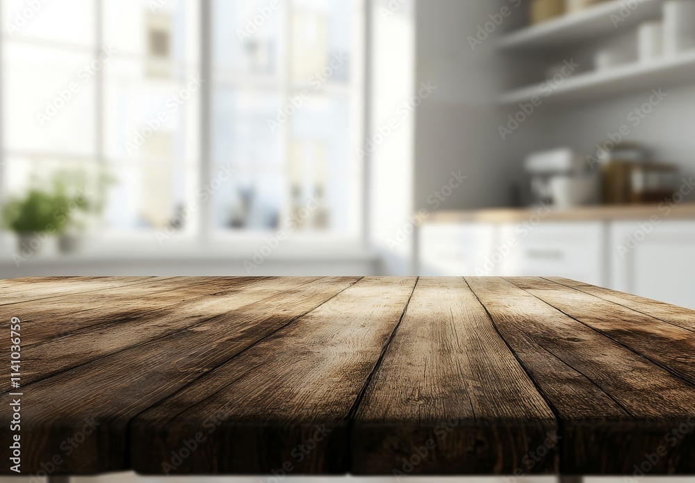 Rustic wooden table in blurred bright kitchen. Rustic wooden table in blurred bright kitchen.