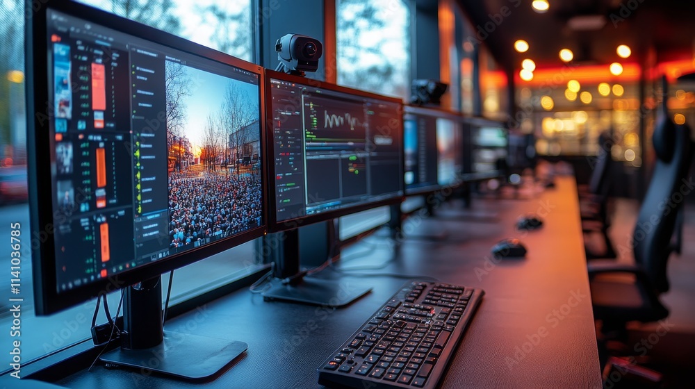 Fototapeta premium Security office setup with multiple monitors displaying live surveillance feeds