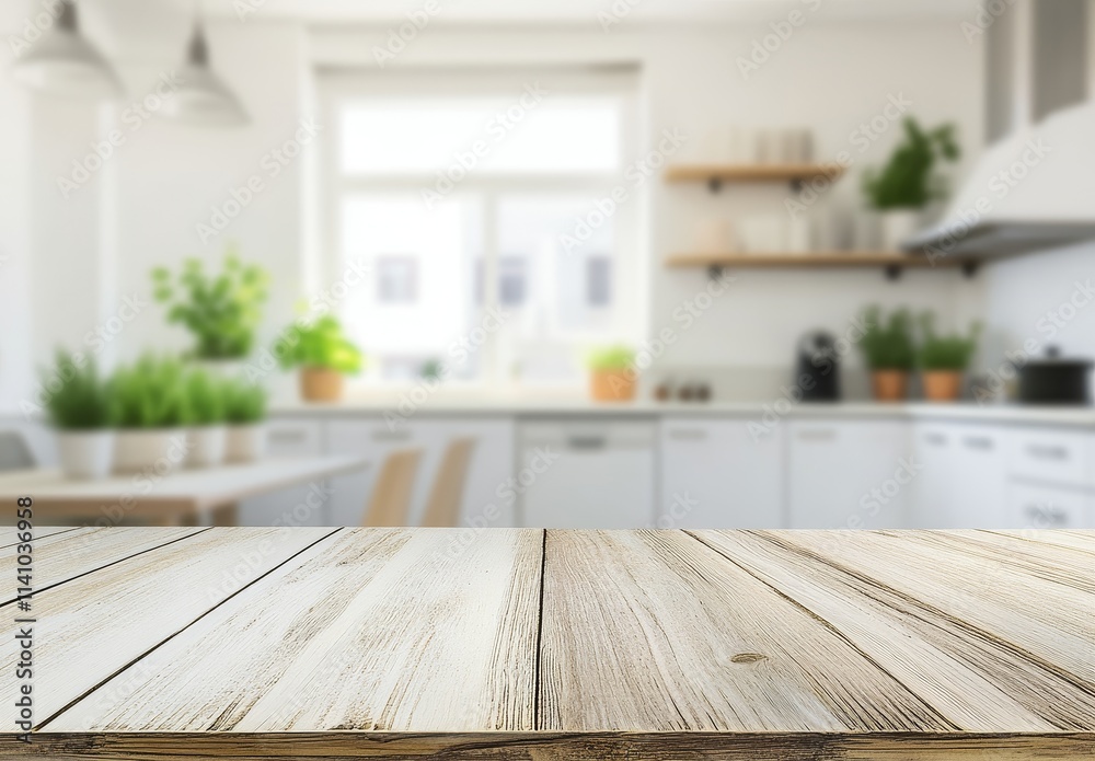 Empty light wood table top in blurred bright kitchen background. Empty light wood table top in blurred bright kitchen background.