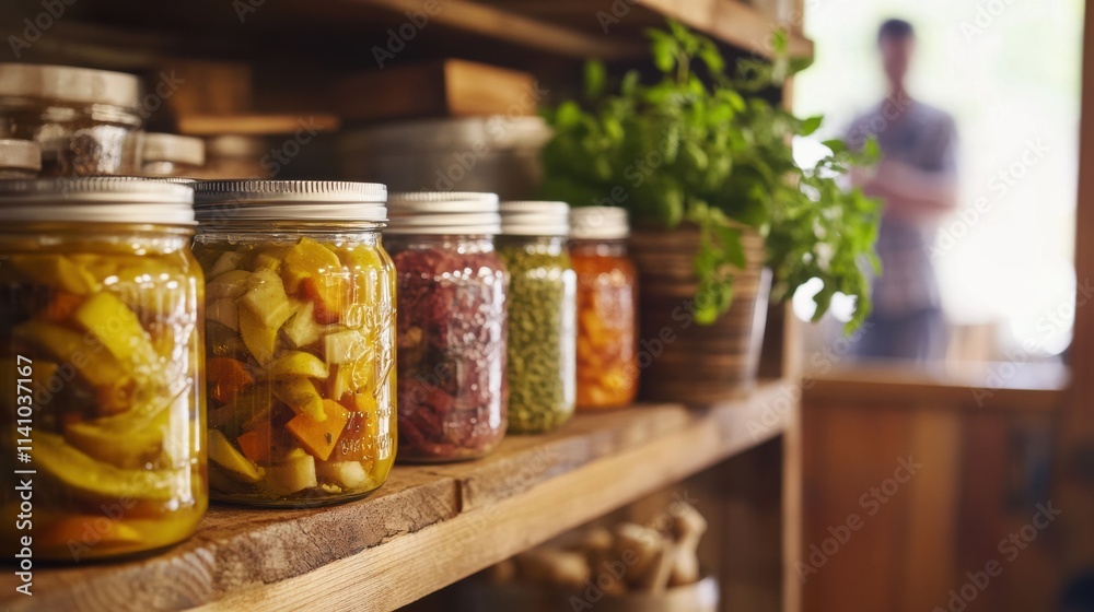 Colorful jars of preserved vegetables on a rustic wooden shelf Colorful jars of preserved vegetables on a rustic wooden shelf