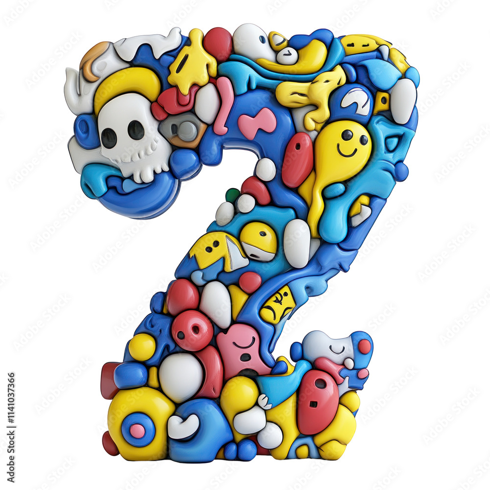 Obraz premium A blue 3D number two formed by various colourful, 3D doodle shapes and characters.