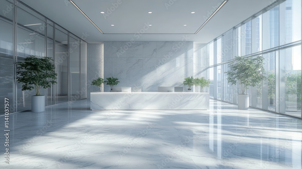 Fototapeta premium Modern Office Lobby: Sunlit Elegance and Minimalist Design