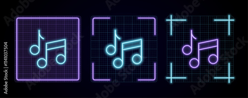 Music notes icon illustration, cyber neon visual, glowing border grid vector.
