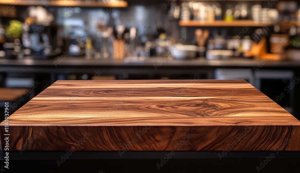 Empty wooden table top with blurred cafe background.