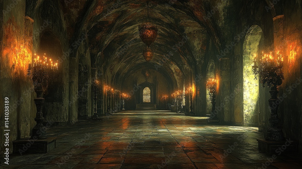 Dark, gothic hall; candlelit, stone floor. Dark, gothic hall; candlelit, stone floor.