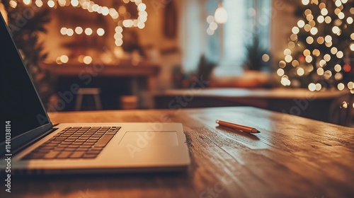 Minimalist workspace with open laptop on a wooden desk, clean and organized layout ideal for creative work or office projects