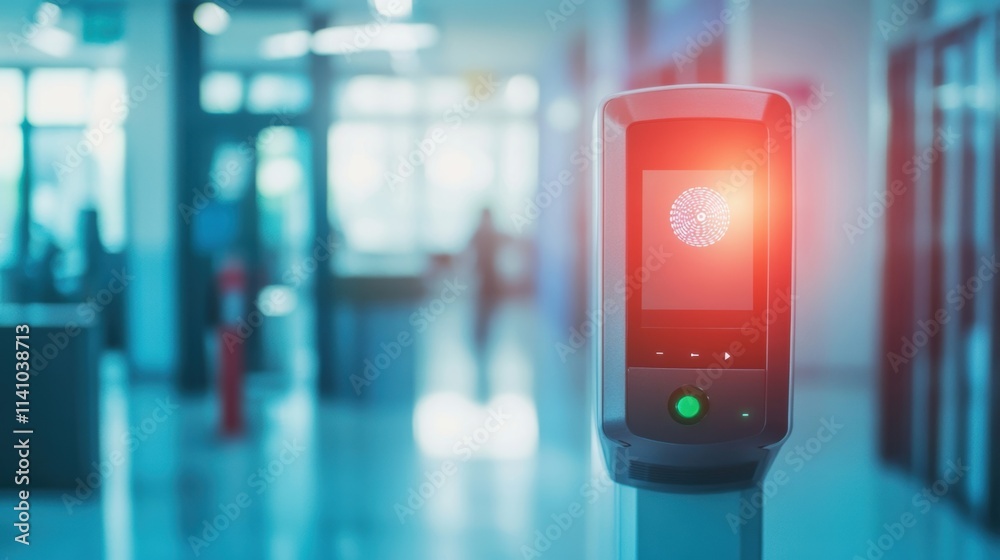 A blurred background of office equipment with a crisp infocus image of a biometric scanner highlighting the importance of physical access control in cybersecurity. A blurred background of office equipment with a crisp infocus image of a biometric scanner highlighting the importance of physical access control in cybersecurity.