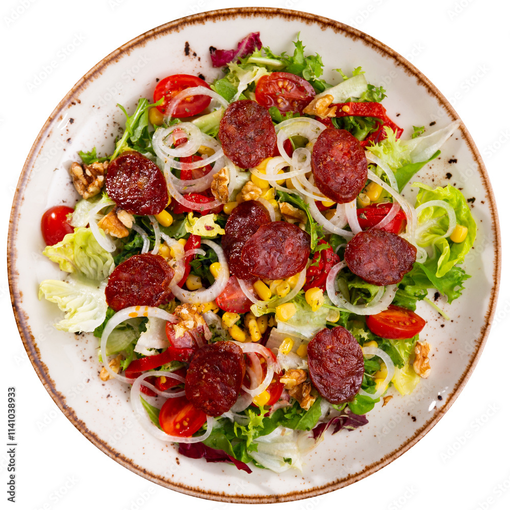 Plate is beautifully stacked with large pieces of fresh vegetables, lettuce leaf, corn and slices chorizo. Salad is decorated with cherry tomato. Isolated over white background Plate is beautifully stacked with large pieces of fresh vegetables, lettuce leaf, corn and slices chorizo. Salad is decorated with cherry tomato. Isolated over white background