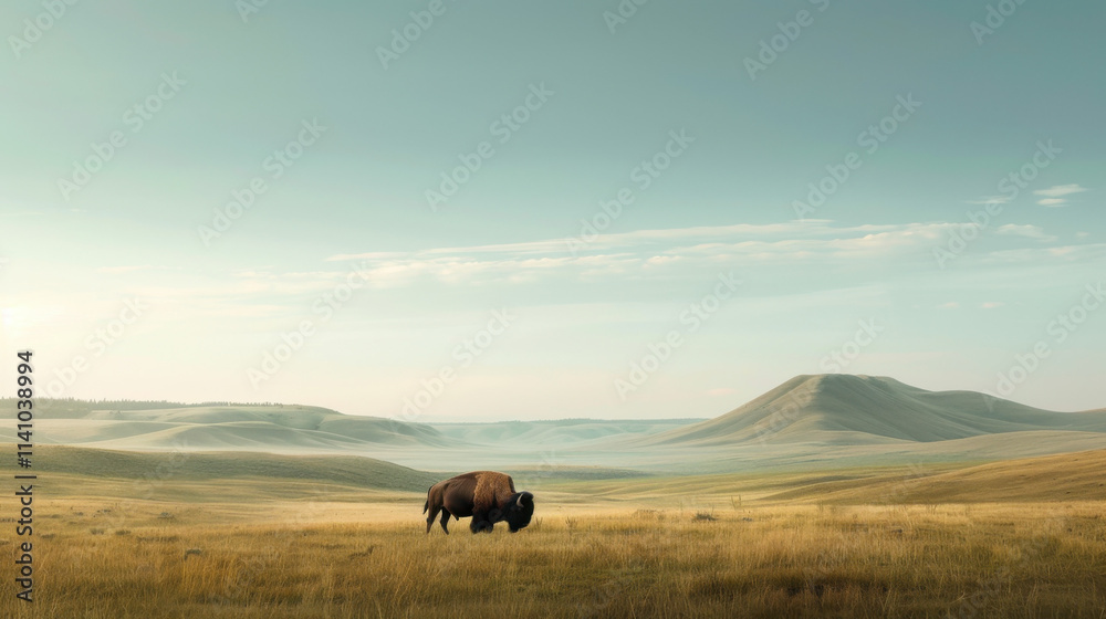 A bison grazing against the backdrop of green hills in the prairie. A bison grazing against the backdrop of green hills in the prairie.
