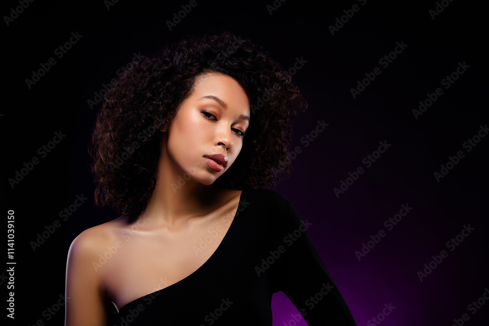 Photo of charming lovely pretty lady wear black clothes isolated on dark purple background Photo of charming lovely pretty lady wear black clothes isolated on dark purple background