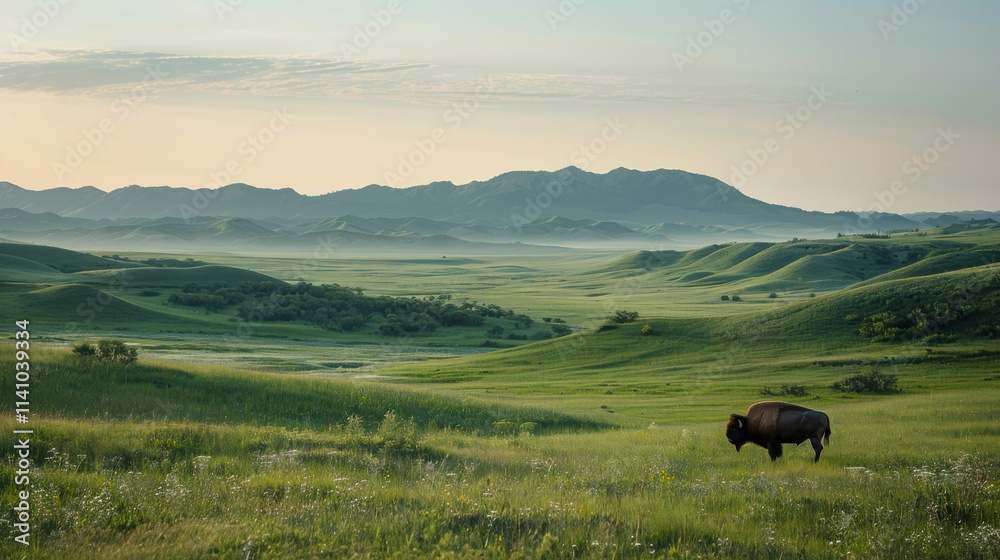 A bison grazing against the backdrop of green hills in the prairie. A bison grazing against the backdrop of green hills in the prairie.