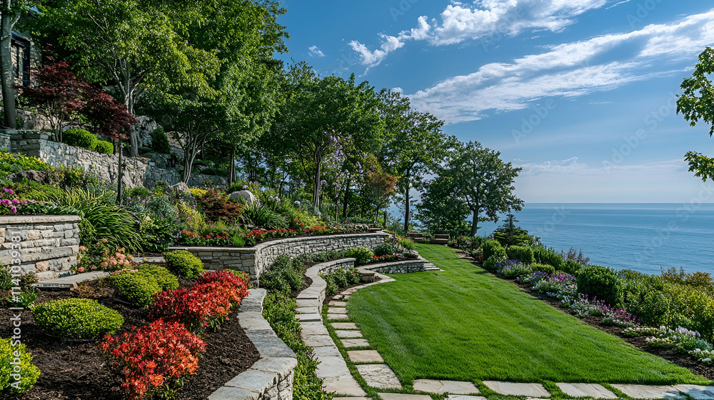 Obraz premium California Cliffside Park with stone terraces and ocean views, stunning coastal escape