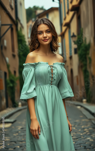 A stylish young woman in an elegant green dress stands gracefully in a picturesque street with vintage architecture.