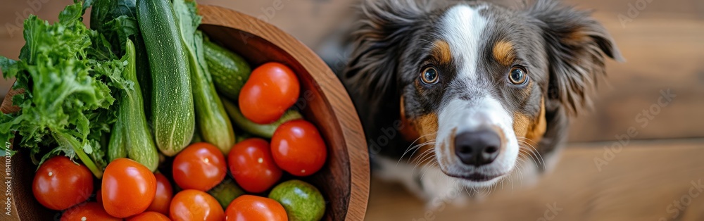 Healthy Dog with Fresh Vegetables on Floor Healthy Dog with Fresh Vegetables on Floor