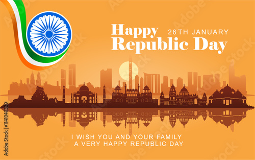 Indian Republic Day Celebration Greeting Card with skyscraper silhouettes, historical buildings and Text. Happy Republic Day India Social Media Post and Flyer Template. 26 January.
