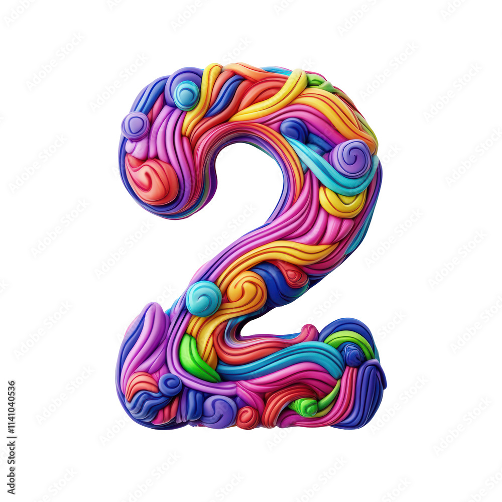 A colorful, playful, and whimsical number two made from swirls and dots of clay. A colorful, playful, and whimsical number two made from swirls and dots of clay.